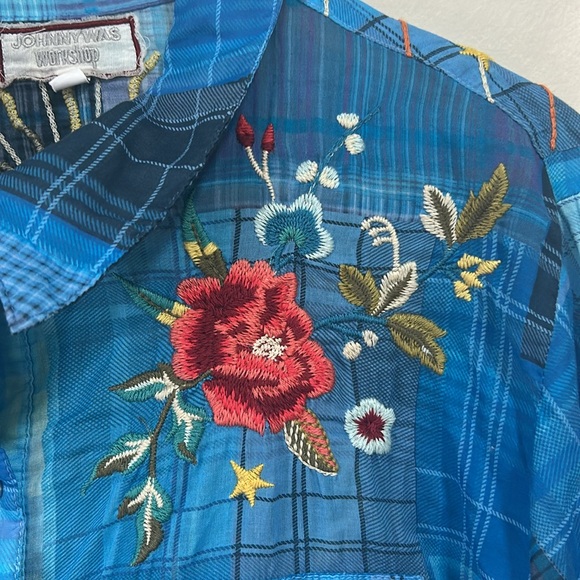 Embroidered Blue Plaid Women's Top - Picture 3 of 10